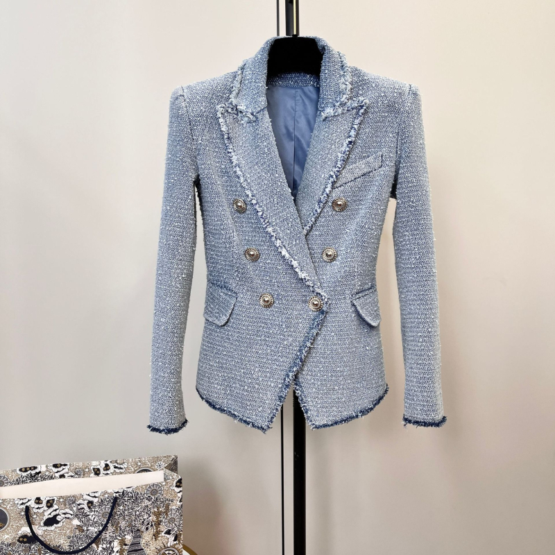 Ženski tweed sako s polka-dot uzorkom, dvostruko kopčanje, uski kroj, pamukova smjesa tkanine