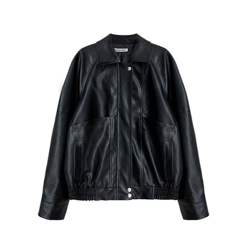 Ženska PU kožna bikerska jakna s polo ovratnikom, širok kroj, dugi raglani rukavi, retro japansko-korejski stil, proljeće 2026