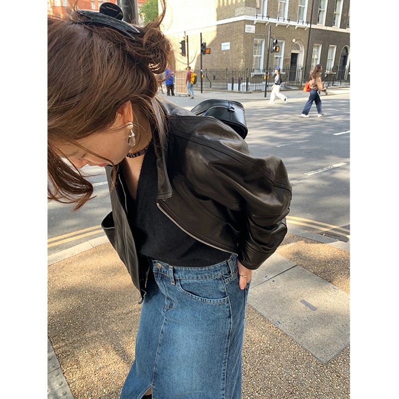Ženska PU kožna bikerska jakna s polo ovratnikom, širok kroj, dugi raglani rukavi, retro japansko-korejski stil, proljeće 2026
