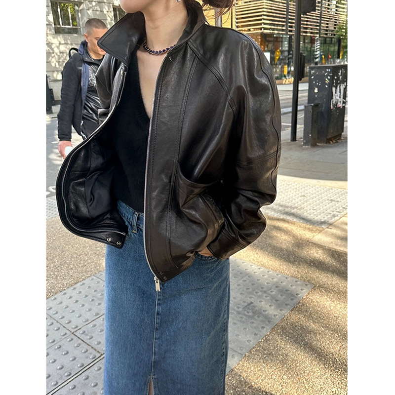 Ženska PU kožna bikerska jakna s polo ovratnikom, širok kroj, dugi raglani rukavi, retro japansko-korejski stil, proljeće 2026