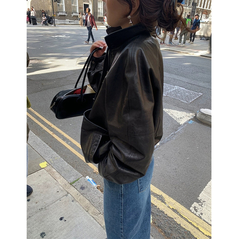 Ženska PU kožna bikerska jakna s polo ovratnikom, širok kroj, dugi raglani rukavi, retro japansko-korejski stil, proljeće 2026