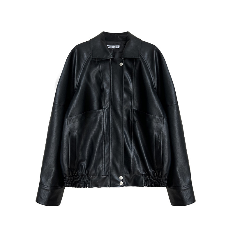 Ženska PU kožna bikerska jakna s polo ovratnikom, širok kroj, dugi raglani rukavi, retro japansko-korejski stil, proljeće 2026