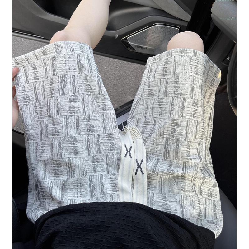 Muške šorceve s američkim kariranim uzorkom i all-over otiskom, 100% poliester, ravni kroj, ljeto, korejski stil