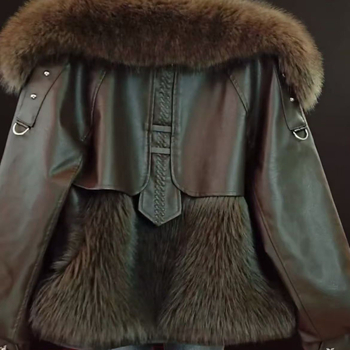 Kožni kaput od umjetne kože s chenille materijalom, kapuljača, redovita duljina, bez krzna na ovratniku