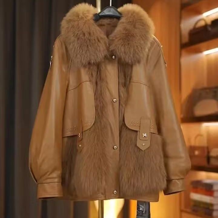 Kožni kaput od umjetne kože s chenille materijalom, kapuljača, redovita duljina, bez krzna na ovratniku