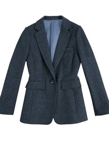 Ženski vuneni sako u kostimskom stilu, slim fit, jedno dugme, dugi rukavi, standardna duljina, 50–70% vuna, elastin <30%, regenerirana vlakna, jesen 2025
