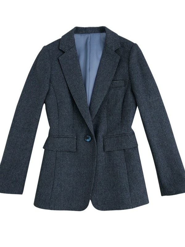Ženski vuneni sako u kostimskom stilu, slim fit, jedno dugme, dugi rukavi, standardna duljina, 50–70% vuna, elastin <30%, regenerirana vlakna, jesen 2025