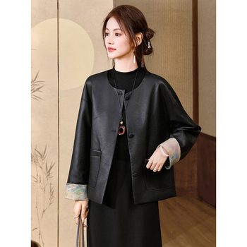 Ženska jakna od sintetičke kože, jesen 2025, gradski elegantni stil za posao, bez ovratnika, zatvarač s kopčama