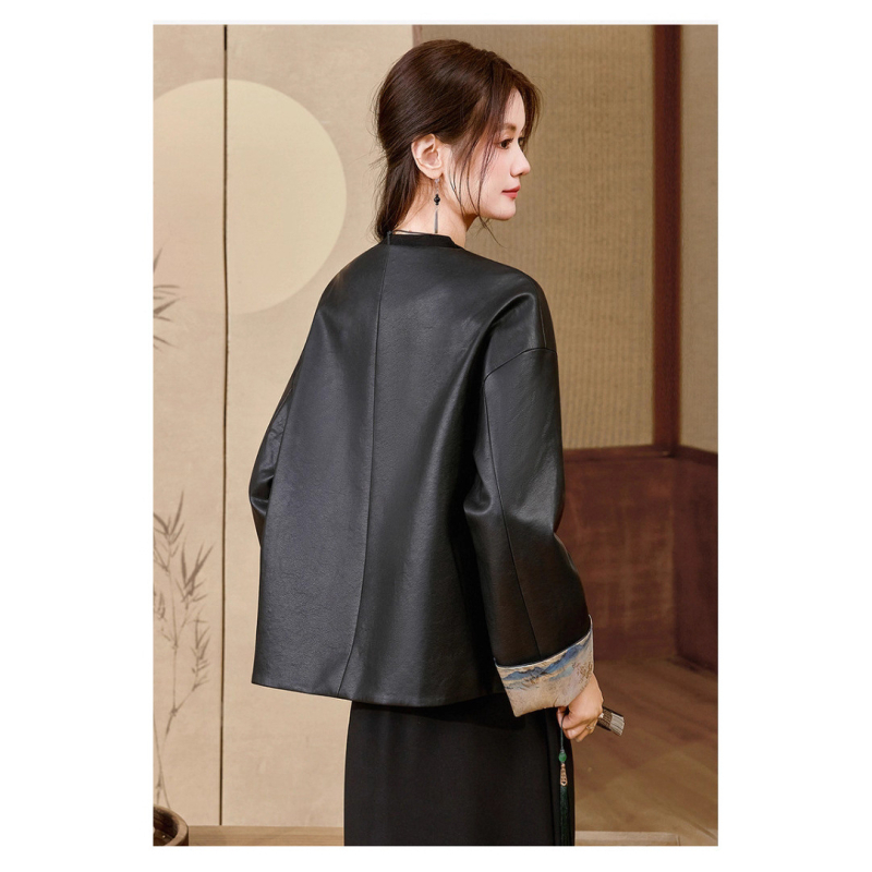 Ženska jakna od sintetičke kože, jesen 2025, gradski elegantni stil za posao, bez ovratnika, zatvarač s kopčama