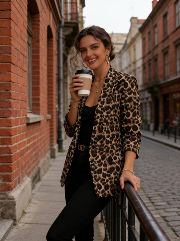Ženski blejzer s leopard printom, uski kroj, dugi rukavi, mandarin ovratnica, srednja duljina