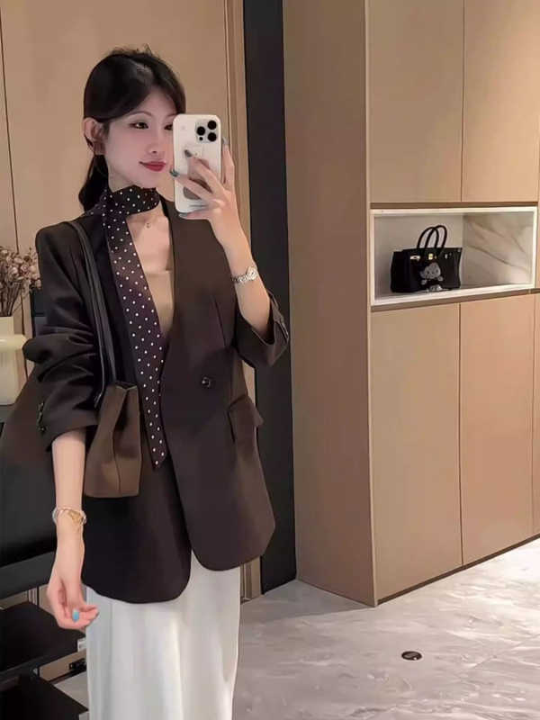 Ženski blejzer s vezicama, srednja duljina, V-izrez, retro elegantan dizajn, ležerni jesenji stil