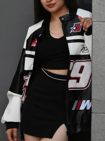 Ženska kožna jakna, street hipster stil, zatvaranje na zip, rever ovratnik, srednja duljina.