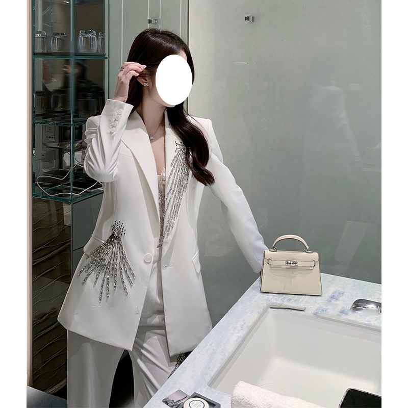 Blazer top s perlicama i kristalima, V izrez, dugi rukavi, poliester, stil društvenice