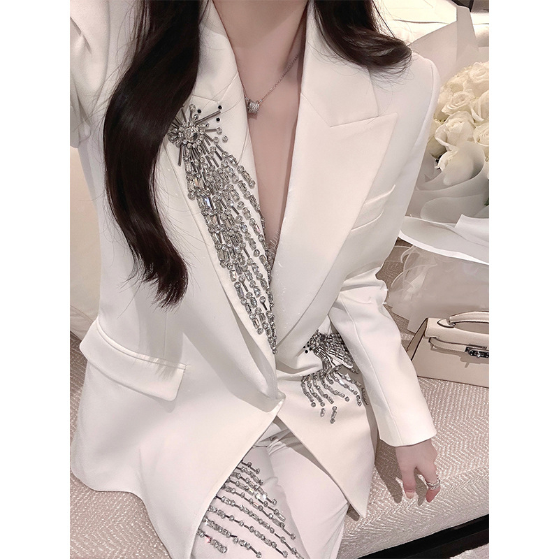 Blazer top s perlicama i kristalima, V izrez, dugi rukavi, poliester, stil društvenice