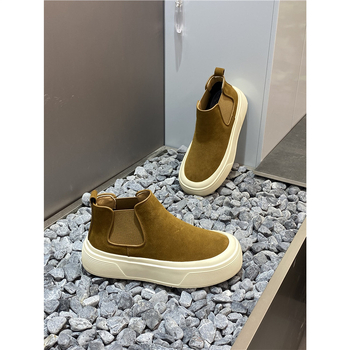 Férfi Chelsea bakancs valódi bőrből, magas szárú casual bakancs ősz-télre, felső nubuk bőrből, meleg rövid plüss bélés