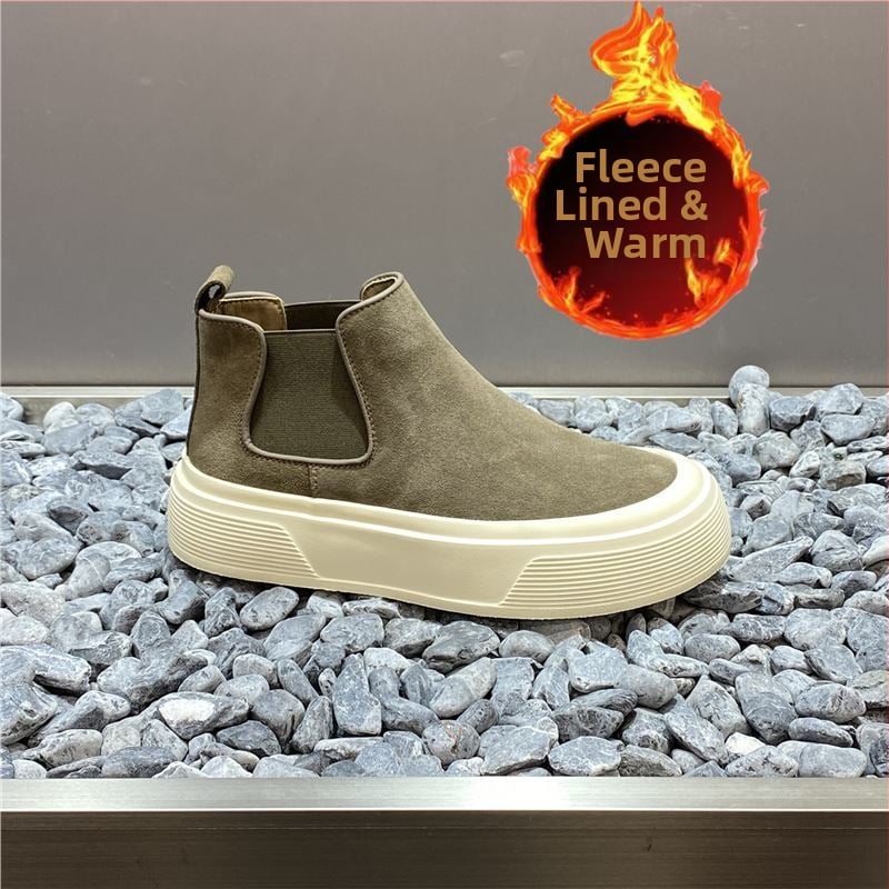 Férfi Chelsea bakancs valódi bőrből, magas szárú casual bakancs ősz-télre, felső nubuk bőrből, meleg rövid plüss bélés