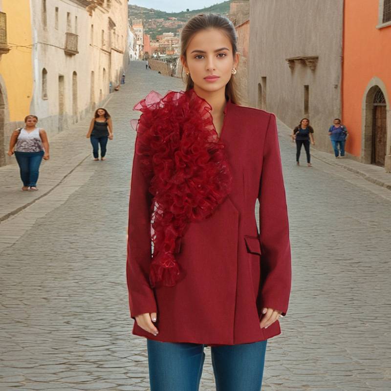 Ženski sako za kostim s V izrezom, kolaz/dizajn, poliester, cvjetni uzorak, slim fit