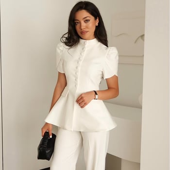 Sacou scurt cu design talie strânsă, guler înalt, mâneci puff de 3/4, țesătură poliester