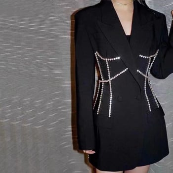 Ženski set sako i suknja midi duljine s rhinestones ukrasom, uski kroj, poliester, dvostruki red gumba