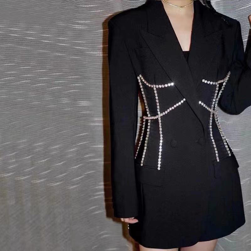 Ženski set sako i suknja midi duljine s rhinestones ukrasom, uski kroj, poliester, dvostruki red gumba