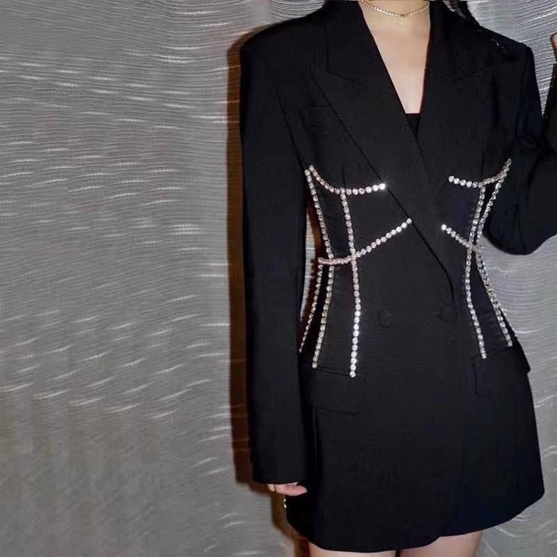 Ženski set sako i suknja midi duljine s rhinestones ukrasom, uski kroj, poliester, dvostruki red gumba