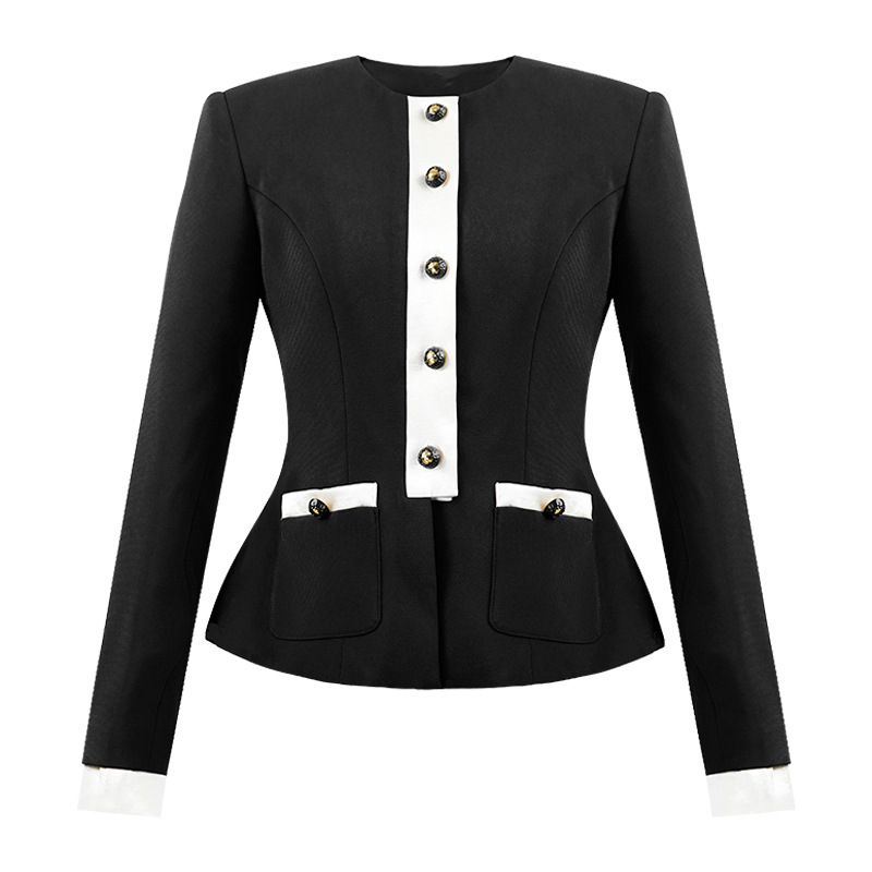 Ženski slim-fit blejzer, okrugli izrez, dugi rukavi, jednoprsno kopčanje, poliester