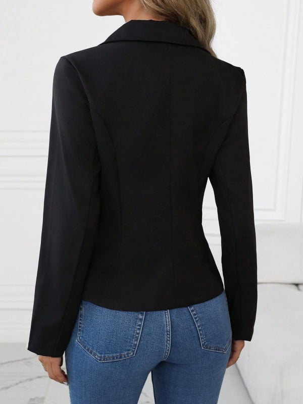 Sacou blazer dama, cu guler lapel, închidere cu un nasture, poliester, mâneci lungi, lungime standard 50–65 cm