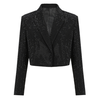 Ženski blejzer, uski kroj, ukrašen perlicama i kristalima, dugi rukavi, ovratnik stila saka, skrivene kopče, tkanina od spandexa, elegantan gradski stil
