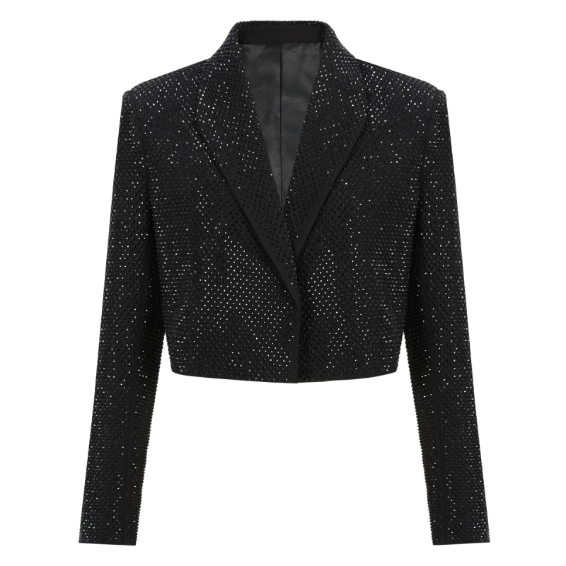 Ženski blejzer, uski kroj, ukrašen perlicama i kristalima, dugi rukavi, ovratnik stila saka, skrivene kopče, tkanina od spandexa, elegantan gradski stil