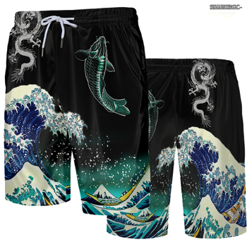 Muške kupaće šorceve, brzo-sušeće, Harajuku stil, 3D otisak vala, poliester s mrežom