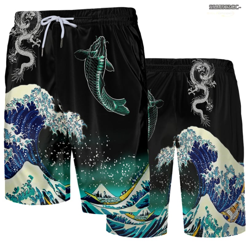 Muške kupaće šorceve, brzo-sušeće, Harajuku stil, 3D otisak vala, poliester s mrežom