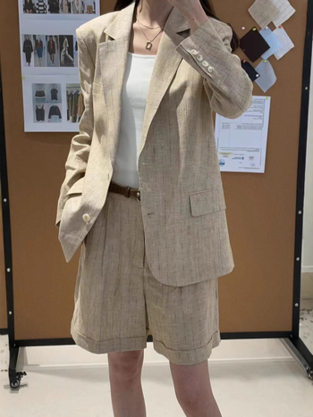 Sacou de femei din in cu dungi – 100% in, guler de costum, mâneci lungi, primăvara 2025