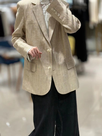 Sacou de femei din in cu dungi – 100% in, guler de costum, mâneci lungi, primăvara 2025