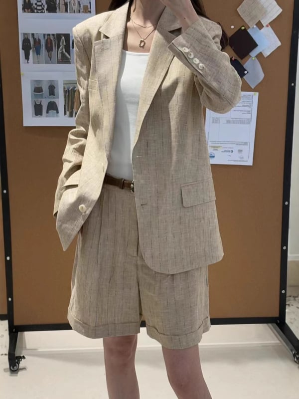 Sacou de femei din in cu dungi – 100% in, guler de costum, mâneci lungi, primăvara 2025