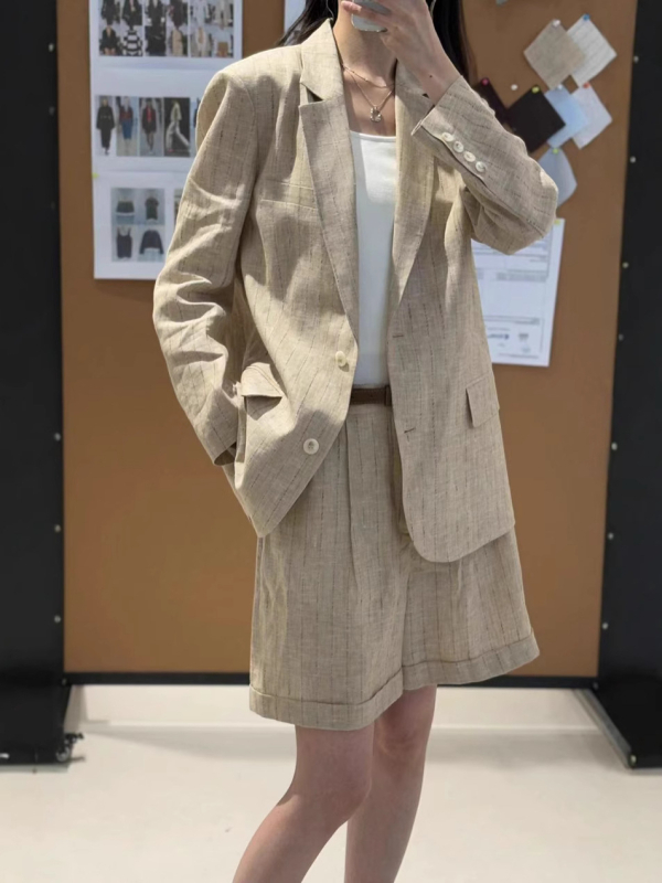 Sacou de femei din in cu dungi – 100% in, guler de costum, mâneci lungi, primăvara 2025