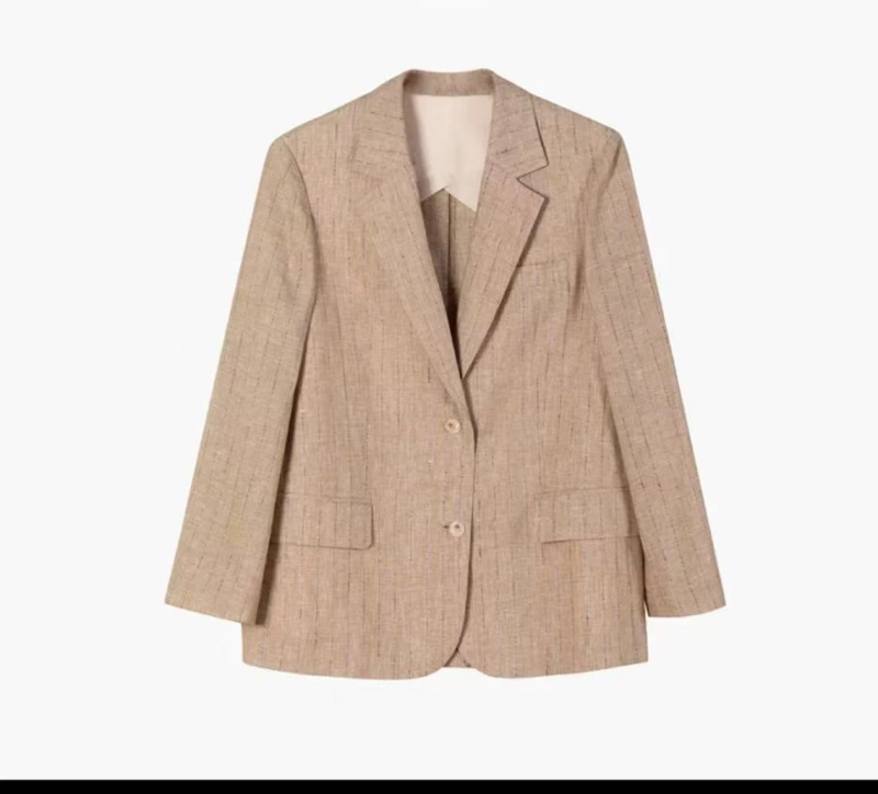 Sacou de femei din in cu dungi – 100% in, guler de costum, mâneci lungi, primăvara 2025