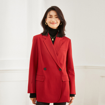 Sacou de damă în stil costum, croială ușoară, guler de sacou, nasturi dubli, mâneci lungi; primăvara 2024; material: fibră regenerată de celuloză, poliester și lână