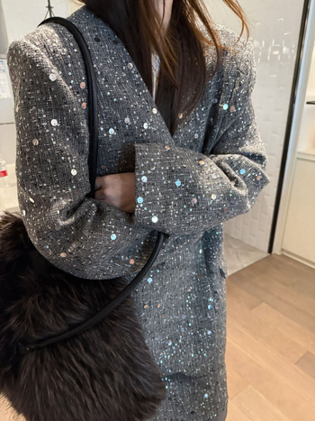 Blazer cu paiete lucioase, decolteu în V, croială lejeră, poliester, mâneci lungi