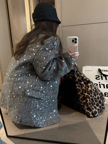 Blazer cu paiete lucioase, decolteu în V, croială lejeră, poliester, mâneci lungi