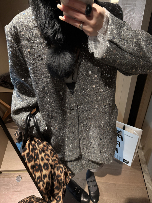 Blazer cu paiete lucioase, decolteu în V, croială lejeră, poliester, mâneci lungi