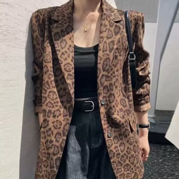 Žensko sako s leopard printom, A-silueta, ultra kratka duljina, jedno dugme, dugi rukavi, poliester 70–80%, proljeće 2025