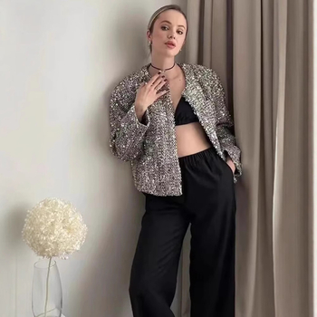 Ženski sequin tweed kostim, okrugli ovratnik, dugi rukavi, 3D uzorak, poliester