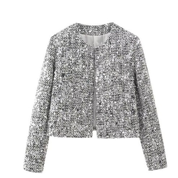 Ženski sequin tweed kostim, okrugli ovratnik, dugi rukavi, 3D uzorak, poliester