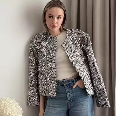 Ženski sequin tweed kostim, okrugli ovratnik, dugi rukavi, 3D uzorak, poliester