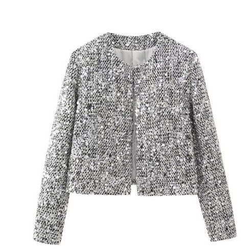 Ženski sequin tweed kostim, okrugli ovratnik, dugi rukavi, 3D uzorak, poliester