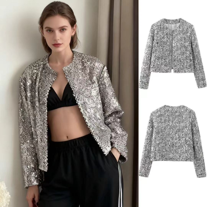 Ženski sequin tweed kostim, okrugli ovratnik, dugi rukavi, 3D uzorak, poliester