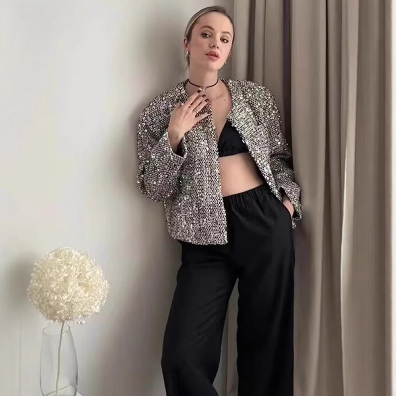 Ženski sequin tweed kostim, okrugli ovratnik, dugi rukavi, 3D uzorak, poliester