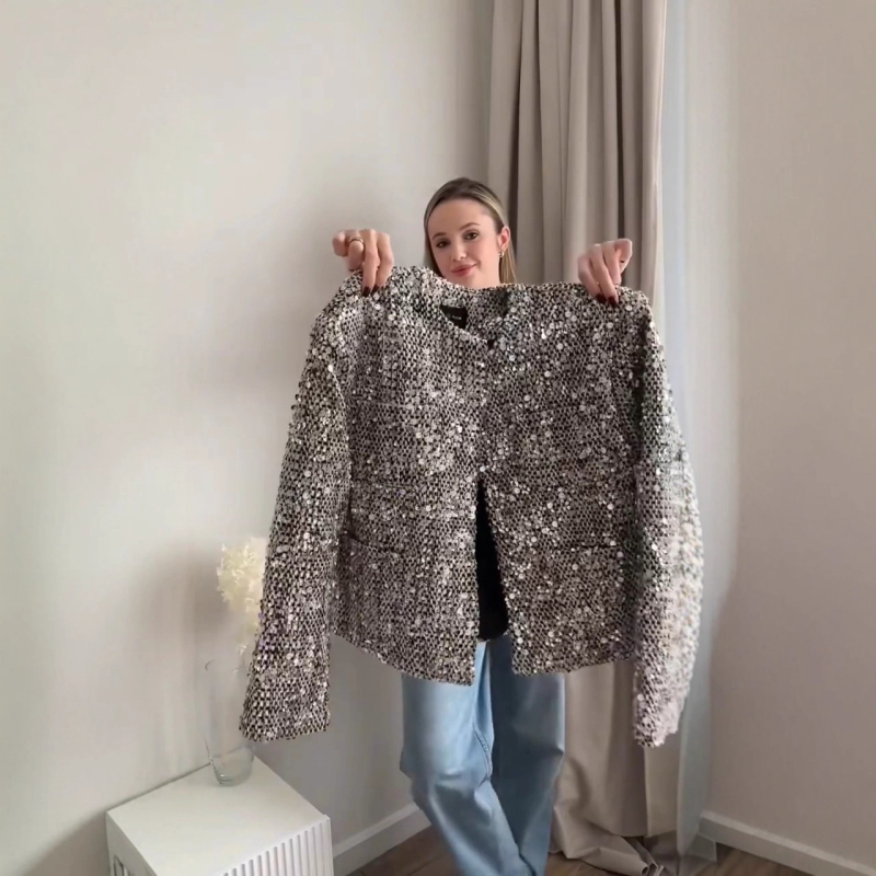 Ženski sequin tweed kostim, okrugli ovratnik, dugi rukavi, 3D uzorak, poliester
