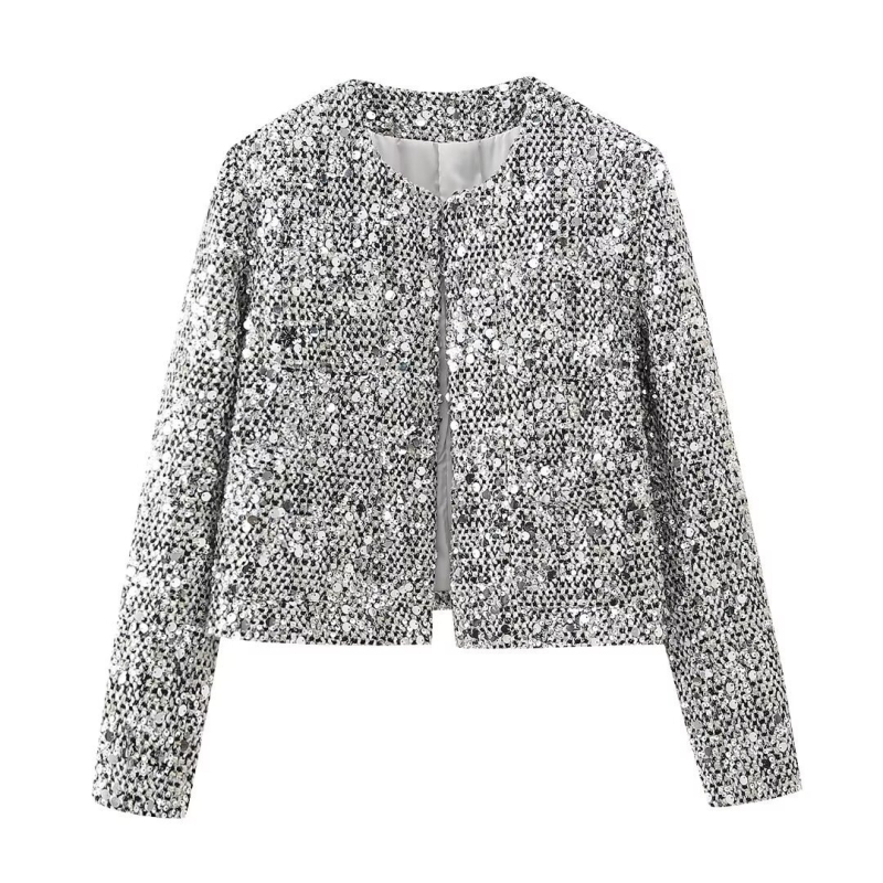 Ženski sequin tweed kostim, okrugli ovratnik, dugi rukavi, 3D uzorak, poliester