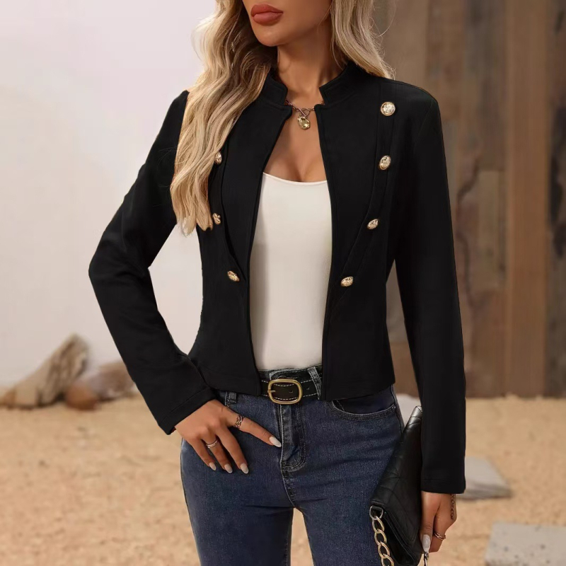 Sacou damă slim-fit cu nasturi dubli decorativi, guler înalt, mâneci lungi, țesătură costum din poliester 95%+ și elastan <30%, lungime 50–65 cm